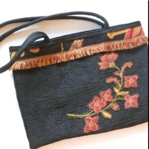 Damask Autumn Tote Purse Cotton OOAK Floral Appliques Fringe Black Orange Green